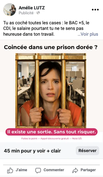 Publicité Amélie Lutz · « Coincée dans une prison dorée ? », bilan de compétences
