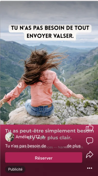Publicité Amélie Lutz · story Instagram, réserver un appel