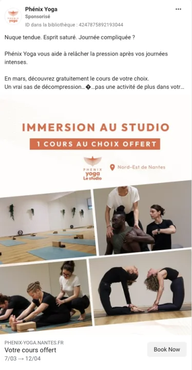 Publicité Phénix Yoga · immersion au studio, 1 cours au choix offert