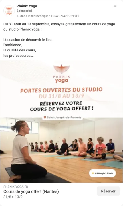 Publicité Phénix Yoga · portes ouvertes du studio, cours offert